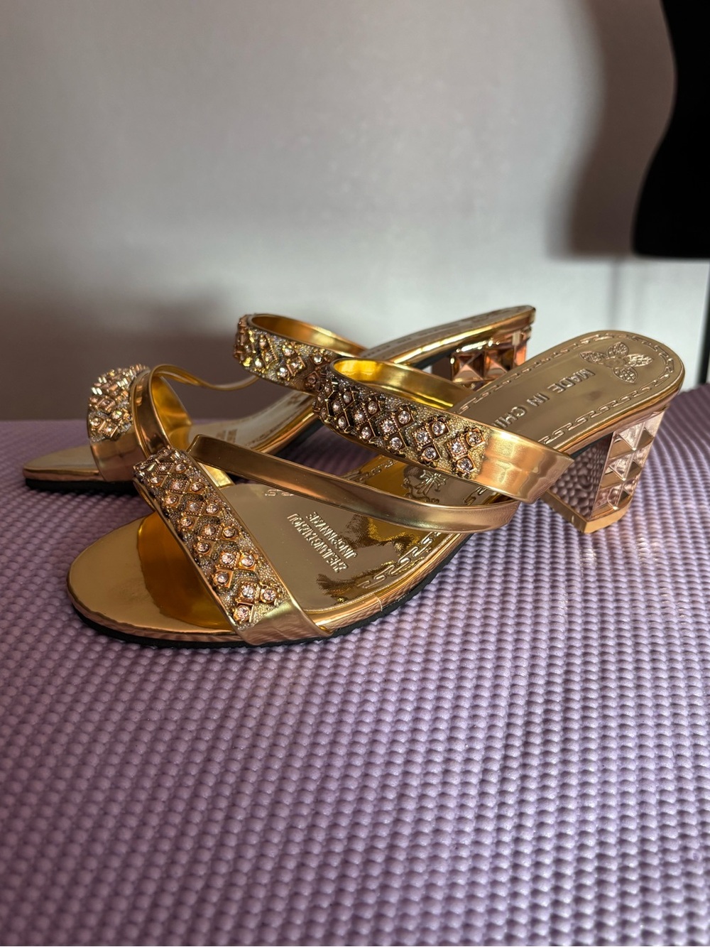 Gold Crystal Strappy Block Heels Perfect For Day & Night Looks Women’s Sandals